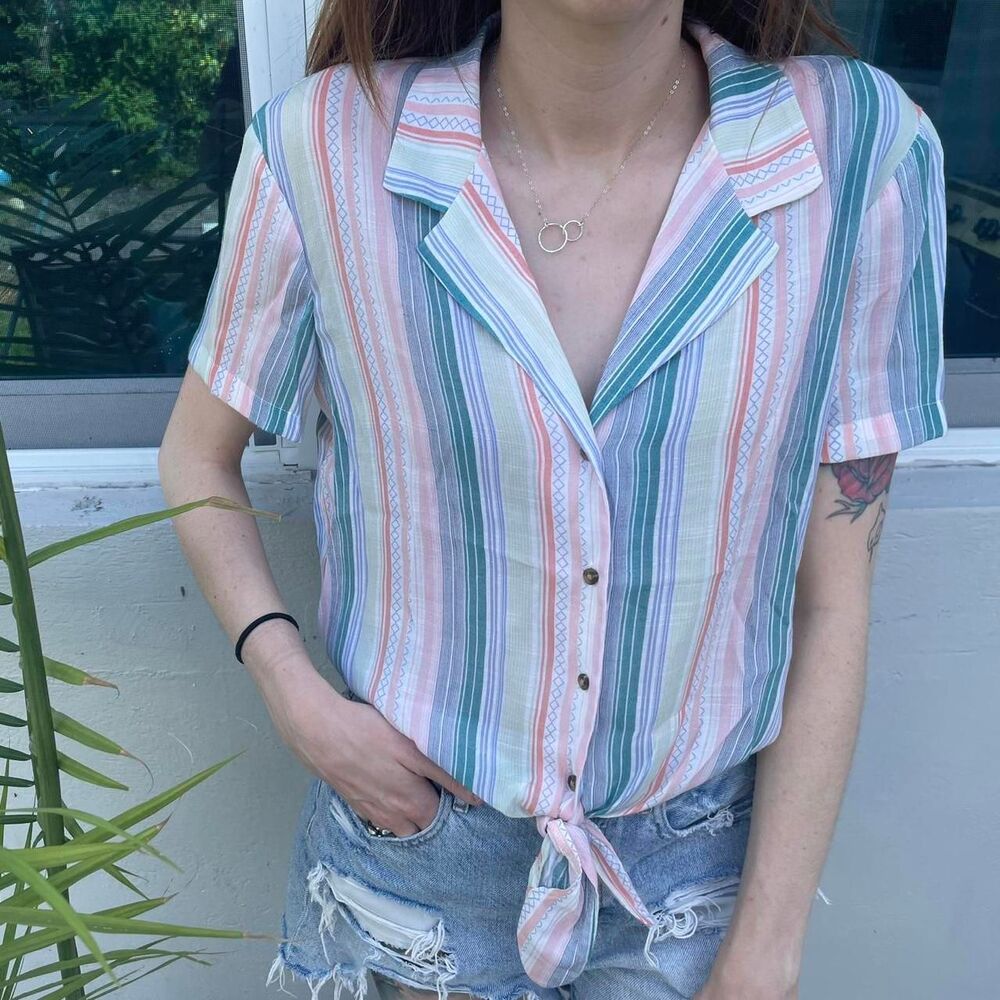 Vylette Multicolor Striped Rayon/Poly Tie Top